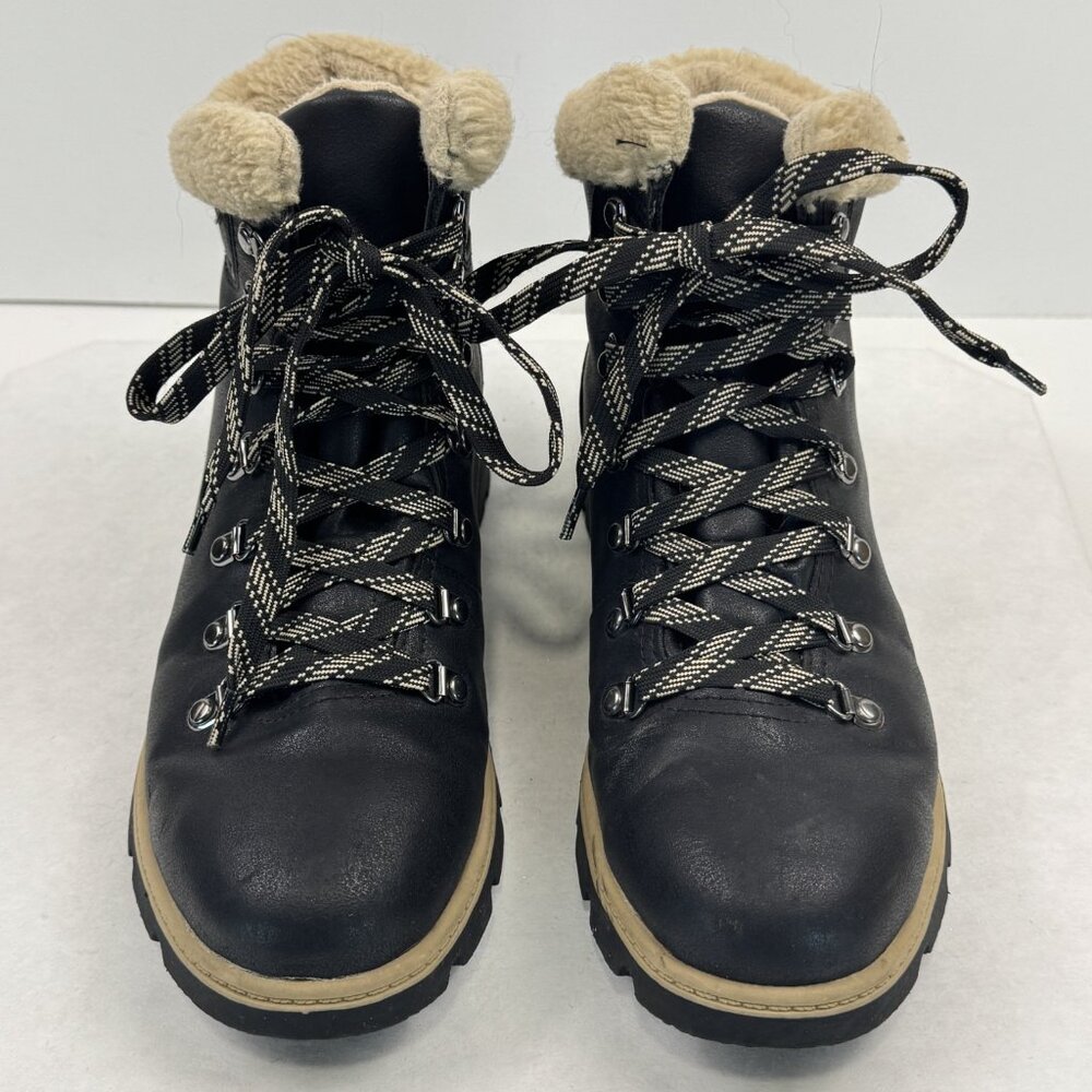 Time Tru Womens Size 8 Black Hiker Ankle Boots Sherpa Trim Lace Up Lug Sole - Picture 2 of 14